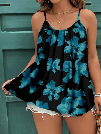 SHEIN Clasi Casual Elegant Floral Print Plus Size Women Cami Top, Suitable For Summer Vacation Beach Vcay