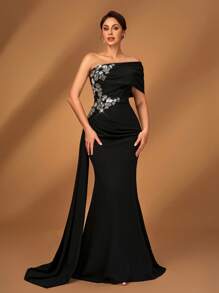 Serin Summer Elegant Romantic Gorgeous Black Stretch Knit One Shoulder Pleated Luxury Embroidered Beaded Applique Micro Fishtail Hem Floating Piece Small Tail Suitable For Dinner Bachelorette Party Date Dance Holiday Music Festival Wedding Event Mother Of The Bride Dress, Valentine's Day - Black - View 1