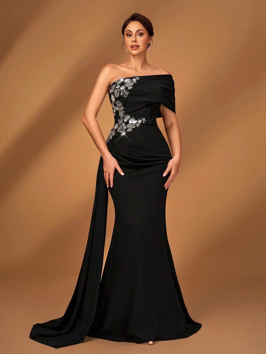 Serin Summer Elegant Romantic Gorgeous Black Stretch Knit One Shoulder Pleated Luxury Embroidered Beaded Applique Micro Fishtail Hem Floating Piece Small Tail Suitable For Dinner Bachelorette Party Date Dance Holiday Music Festival Wedding Event Mother Of The Bride Dress, Valentine's Day - Black - View 1