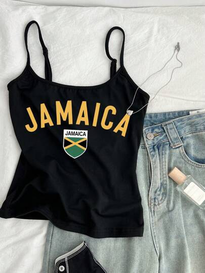 SHEIN EZwear Sexy Sports Style Jamaica Flag Football Printed Women Sleeveless Casual Tight Tank Top, Suitable For Summer And Sports Seasons Back To School