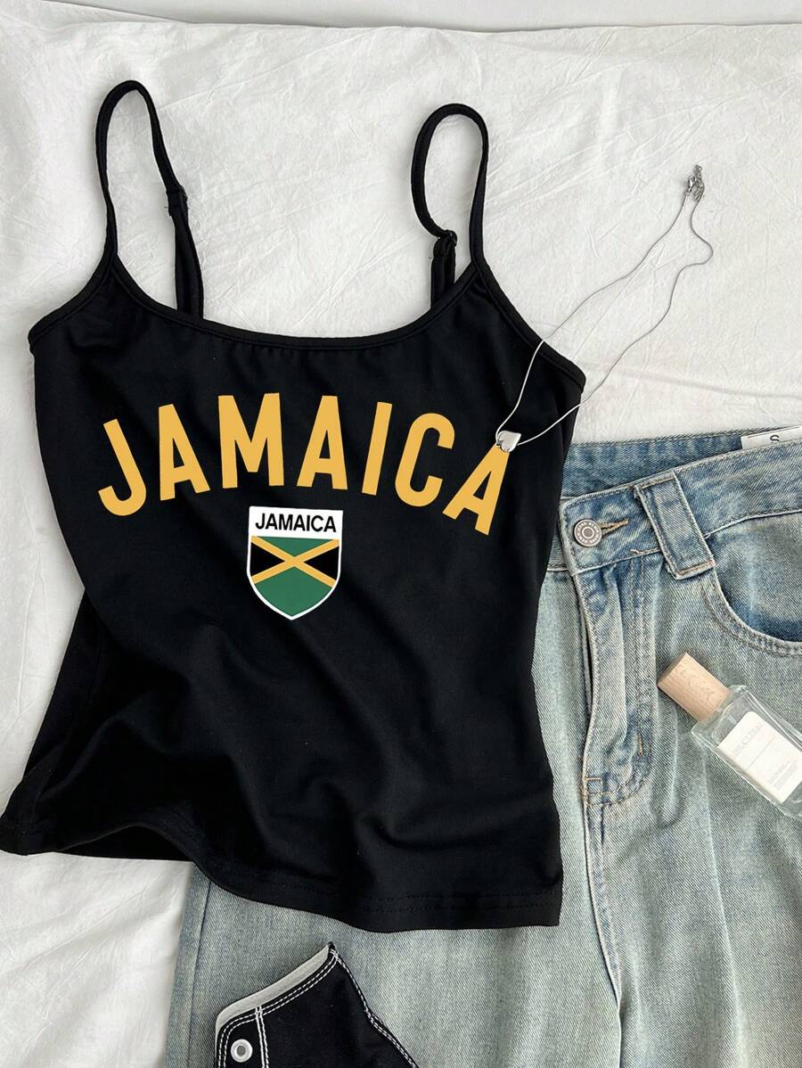 SHEIN EZwear Sexy Sports Style Jamaica Flag Football Printed Women Sleeveless Casual Tight Tank Top, Suitable For Summer And Sports Seasons