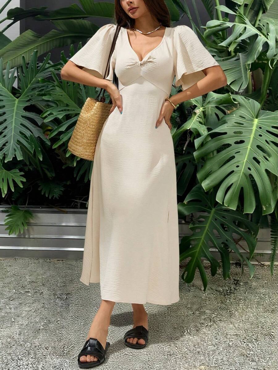 SHEIN PETITE 女士度假休闲纯色泡泡袖连衣裙，春夏季，适合日常穿着，浪漫优雅，前中扭花长裙，短袖，纯色，女士夏季连衣裙 - 杏色 - 查看 1