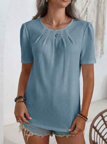 SHEIN LUNE 女式夏季纯色圆领褶皱短袖衬衫 - 藍色 - 查看 6