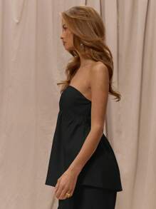 MUSERA 无肩带修身胸部宽松荷叶边无肩带上衣，适合度假、休闲、海滩、波西米亚风、浪漫、伊比沙岛风格，亚麻质感，娃娃衫上衣，适合外出穿着，适合冬季、春季和夏季。 - 黑色 - 查看 2