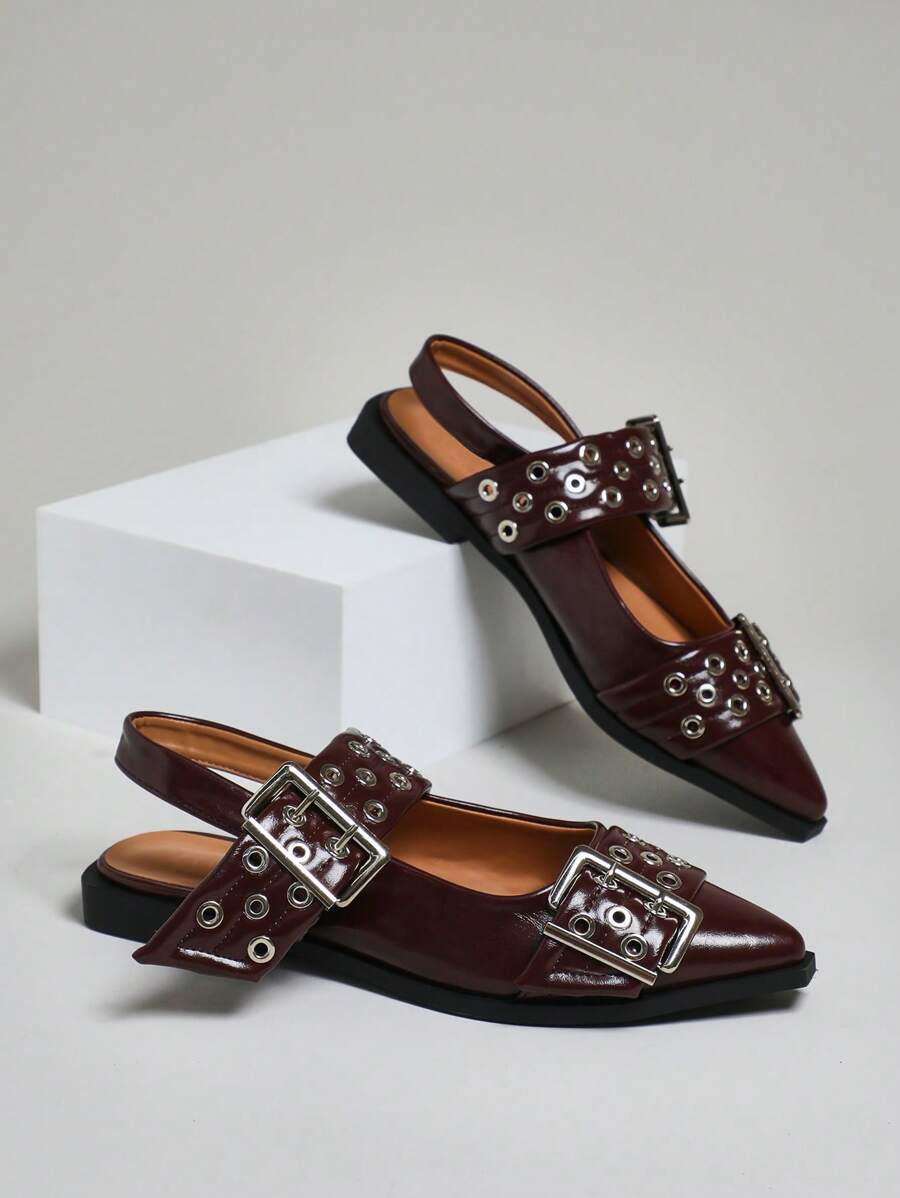 SHUZIA 奢华风格女式超大扣环粗孔尖头露跟亮面PU咖啡色平底鞋——精致朋克风格,价格实惠的奢华,用途广泛 - 咖啡棕 - 查看 1