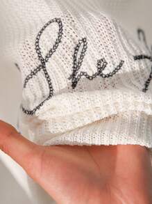 CosyJoli Plus Size Casual V-Neck Letter Embroidered Sleeveless T-Shirt Knit Sweater - White - View 6