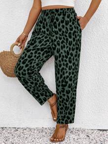 SHEIN Frenchy Quần dài thường ngày họa tiết da báo cỡ lớn, Quần mùa hè, Quần đi nghỉ, Đồ đi biển cho nữ, Phong cách Boho/Bohemian, Quần áo mùa hè cho nữ, Thường ngày, Thời trang hàng ngày - màu xanh lá - Xem 1