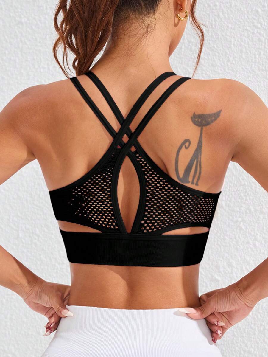 SHEIN Sports 纯色镂空工字背无缝运动瑜伽文胸女款运动文胸女款健身服女款运动文胸女款健身服女款健身装备女款 - 黑色 - 查看 1