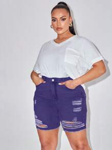 SHEIN SXY 大码夏季休闲水洗破洞牛仔短裤 - 紫色 - 查看 4