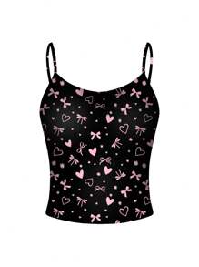 Luiza Werlang Y2K Style Fitted Camisole Top With Heart & Bow Pattern In Black & Pink, Suitable For Summer - Black - View 3