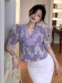 DAZY Women's Elegant Lace V-Neck Puff Sleeve Shirt, Summer