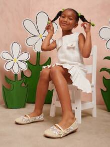 Mini mi CC 风格女童蝴蝶结系带蕾丝和黄麻波西米色帆布平底鞋——从游乐场到海滩度假胜地 - 米色 - 查看 2