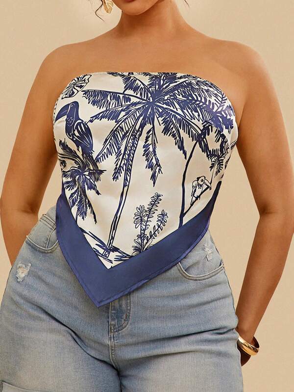 Travachic Plus Size Women's Simple Tropical Print Cami Top, Casual Beach Vacation Women Clothing Summer Outfits Women Summer Clothes Plus Summer Outfits For Women Plus