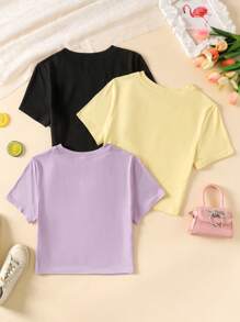 SHEIN Camiseta informal de manga corta con cuello redondo y estampado floral de margaritas para adolescentes, verano - Púrpura malva - Ver 2