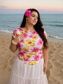 SHEIN MOD Plus Size Women's Ruched Asymmetrical Shoulder Floral Print T-Shirt, Vacation/Summer - Multicolor - View 6