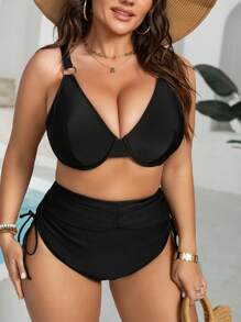 Swim Basics Summer 2pcs/Set Plus Size Women Solid Color Knitted Strapless Bandeau Top And Drawstring Triangle Bottom Bikini Set, Vacation - Black - View 3