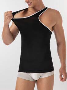 Men's Contrast Trim Muscle Fit Tank Top - Black - View 1