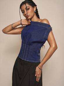 Easelle Millennium Girl Asymmetrical Shoulder Crop Top, Fashionable Summer Wear, Night Out, Vintage, Streetwear, Western Wear Women - Blue - View 6