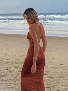 DAZY Robe sexy à lacets dans le dos affinant la taille, nouvelle arrivée. Robe longue à bretelles spaghetti pour soirée, tenue de croisière pour femmes - Taupe - Voir 5