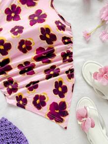 Soleia Stylish Asymmetrical Neck Print Tube Top, Sexy Bodycon Ruched Criss-Cross Front Bikini Top - Pink - View 3