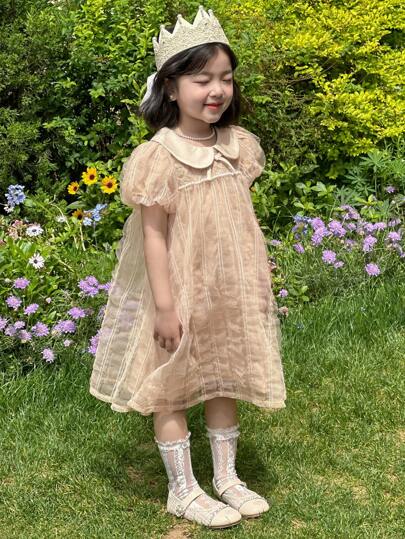 DAZY Young Girl Mandarin Collar Banquet Sheer Tulle Puff Sleeve Dress,Girls Summer Outfits