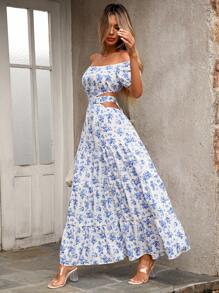 Breezaya Elegant Summer Holiday Mini Ditsy Floral Cutout Waist Tie Off Shoulder Short Sleeve Mid-Length Casual Dress For Women - Blue and White - View 6