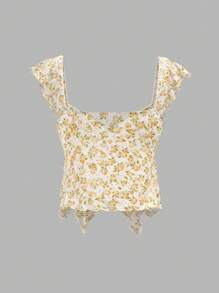 Sweetina Áo ba lỗ lưới họa tiết hoa babydoll dễ thương màu vàng đi chơi mùa hè cho phụ nữ đi nghỉ ở bãi biển, thời trang cho mùa hè - Màu vàng - Xem 7
