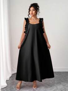 SHEIN PETITE 大码女式荷叶边方领连衣裙 - 黑色 - 查看 7