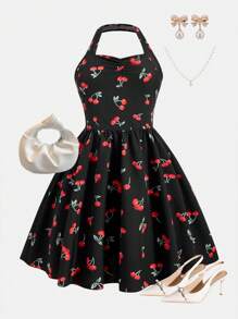 少女优雅甜美法式樱桃印花露背短款溜冰裙