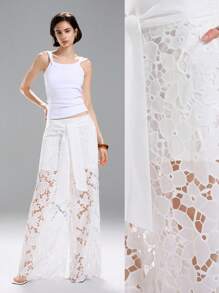 LYSMO Women's Solid Color Tie Knot Pocket Lace Patchwork Elegant Pants - White - View 9