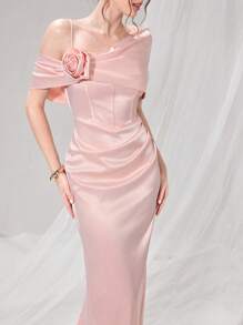 Poshira Đầm dự tiệc cocktail họa tiết hoa 3D cổ bẻ màu trơn thanh lịch cho nữ - Hồng - Xem 1