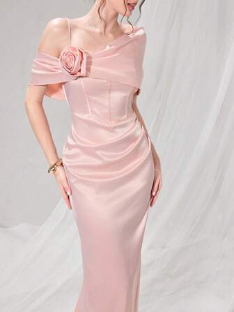 Poshira Damen elegantes einfarbiges Cocktailkleid mit asymmetrischem Kragen und 3D Blumen Deko für Partys
