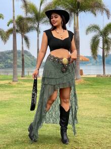 SHEIN EZwear Plus Size Lace High Low Hem Skirt, Minimalist & Fashionable, Suitable For Summer - Olive Green - View 3