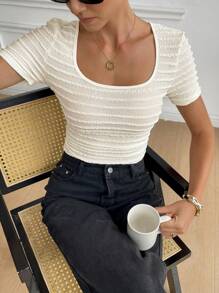 Serisse T-shirt à manches courtes avec dos texturé et nœud, style décontracté d'été, idéal pour les vacances, la remise des diplômes et la plage - Nude - Voir 7