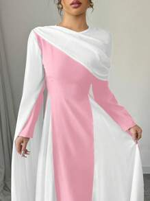 Rafferiza 女士圆领褶皱拼色连衣裙，袖子较大