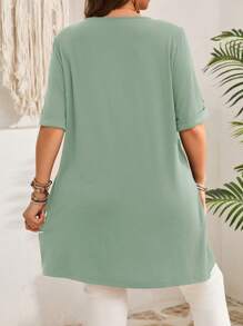 EMERY ROSE Women Plus Size Early Spring Short Sleeve Long Olive Green T-Shirt - Mint Green - View 2
