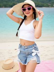 Girls Loose Distressed Washed Denim Shorts With Bowknot Decor, Versatile And Simple Fashion Design, Suitable For Daily Wear - Light Wash - View 2