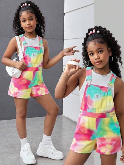 SHEIN 青少年女孩 Y2K 时尚扎染印花宽松牛仔裤连体裤短裤，配有可爱字母装饰口袋，女孩夏季海滩波西米亚风度假连体裤，夏季音乐会节日休闲狂欢装，女孩夏季早午餐教堂毕业装