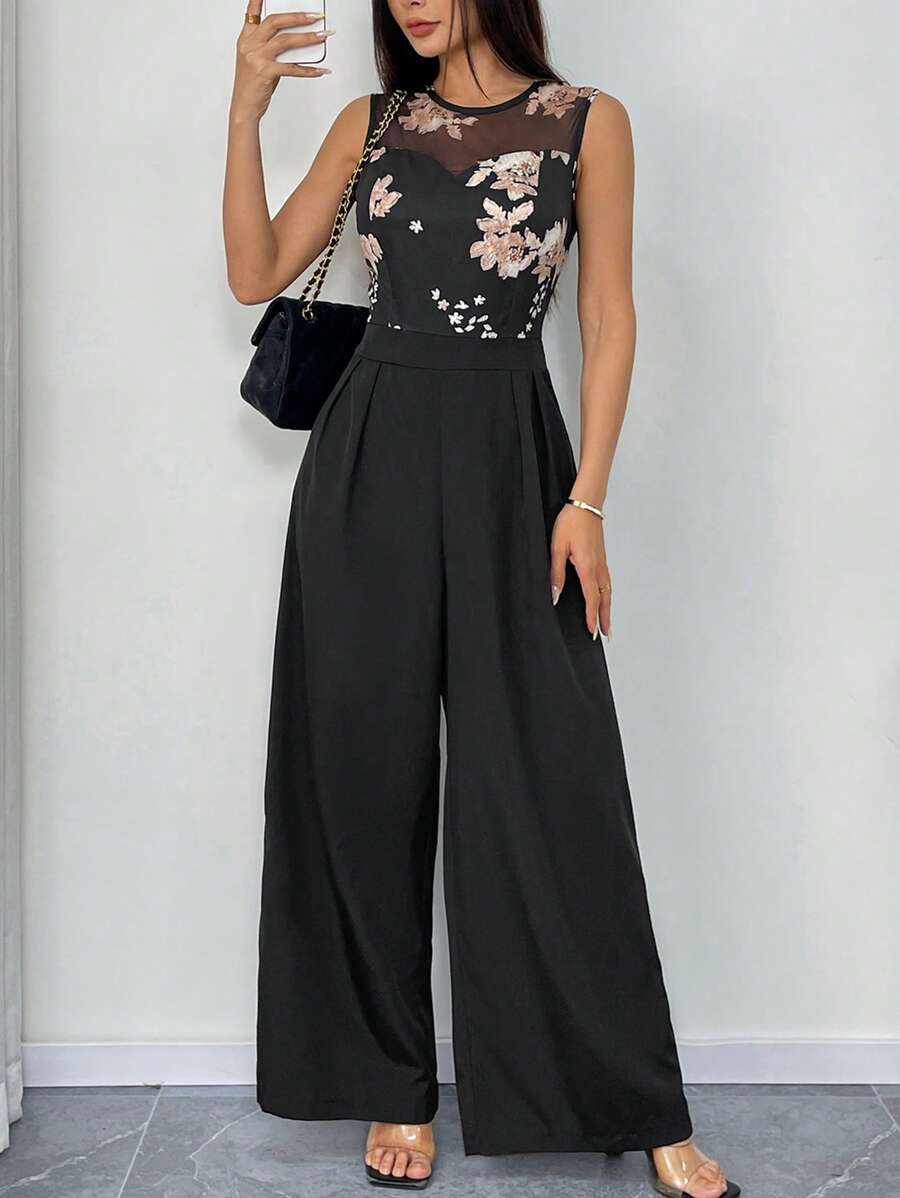 Chiquease Women's Floral Print Contrast Mesh Sleeveless Wide Leg Jumpsuit, Vacation Style - Black - View 1