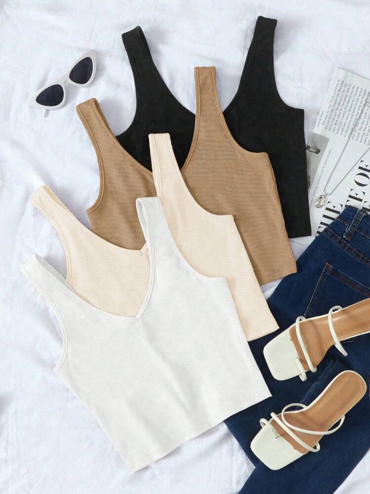Breezaya Camisetas sin mangas básicas de verano para mujer de unicolor con cuello en V, versátiles y casuales - Albaricoque - Añade 1