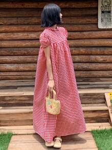 FRIFUL 女士格子长款 Polo 领连衣裙，褶裥大下摆，生日/节日/度假/沙滩衬衫裙 - 紅色 - 查看 6