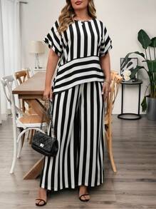 EMERY ROSE Damen Große Größen gestreiftes loses asymmetrisches Saum Rundhals Kurzarm Top und weite Hose 2-teiliges Set, lässige Strandurlaubs Mode für den Sommer - Schwarz und Weiss - Übersicht 3