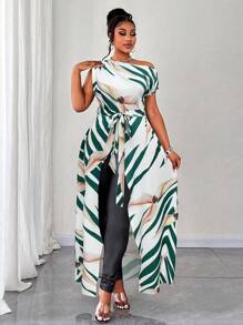 Elenzga Plus Size Women Sleeveless One Shoulder Asymmetrical Hem Tie Front Sexy Shirt - Multicolor - View 4