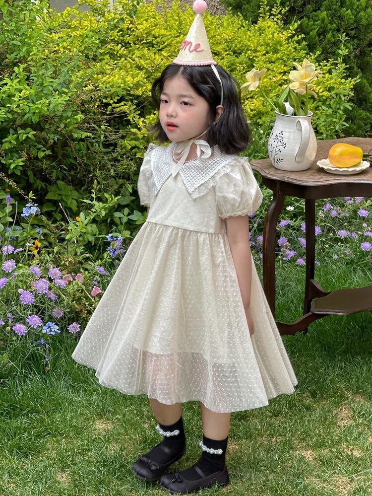 Young Girls Tulle Polka Dot Korean Sweet & Fresh Short Sleeve Party Birthday Dress, Summer