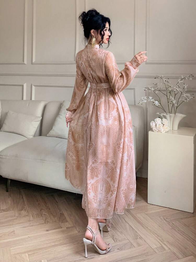 Elegant Floral Print High Neck Long Sleeve Mid-Length Dress For Women, Fall