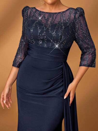 Serin 加大码夏季优雅华丽奢华刺绣亮片蕾丝拼接弹力褶皱透视长袖鱼尾裙拼接侧襟适合婚礼活动单身派对节日舞会音乐节晚宴约会新娘母亲礼服