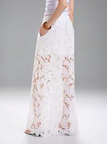 LYSMO Women's Solid Color Tie Knot Pocket Lace Patchwork Elegant Pants - White - View 2