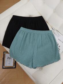 SHEIN 2 件套罗纹腰带抽绳休闲睡衣短裤，家居服睡眠短裤 - 彩色 - 查看 2