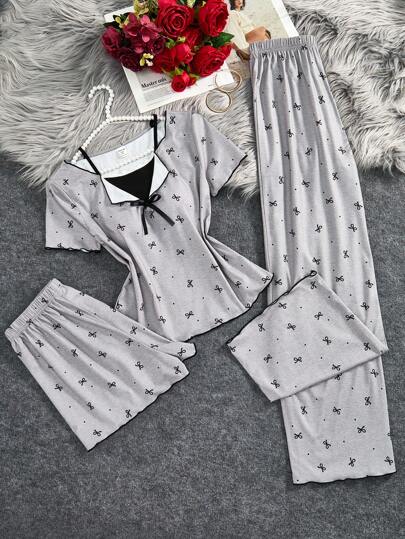 SHEIN 3pcs/Set Teen Girls Casual Bowknot Decor Wavy Hem Round Neck Short Sleeve T-Shirt With Shorts/Pants, Summer Knit Pajamas