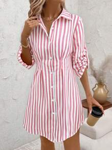 SHEIN Clasi Vestido de camisa corto con cuello de camisa elegante y a rayas de moda para mujer, vestido para el Día de la Madre para uso casual, de oficina y de viaje. Nuevo vestido de camisa a cuadros de moda para ir al trabajo, salir, citas. Vestidos de verano 2025 para mujeres, vestidos de graduación, ropa de verano para mujeres, vestidos cortos de verano para el trabajo y el verano. - Multicolor - Ver 4
